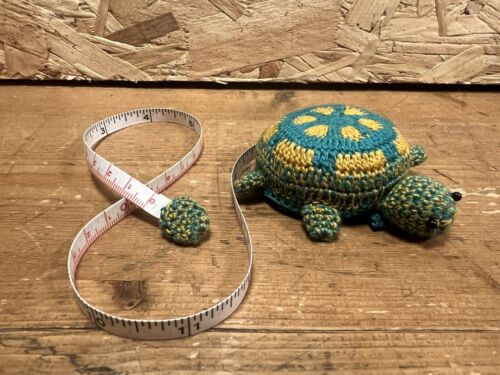 Turtle Tape Measure Crocheted Spring Crochet knitting sewing Yellow Turquoise