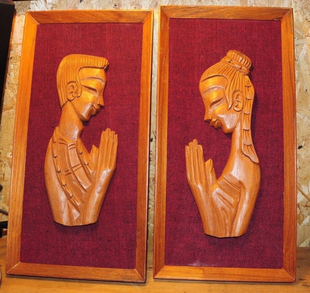 Mid Century Wall Hangings Carved Wood Set of 2 Portrait Silhouettes 1960s A03.01